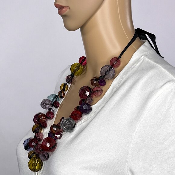 Multicolor Faux Gems Necklace Black Satin Ribbon‎ Tie In The Back - Picture 2 of 13